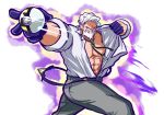  1boy abs beard belt black_gloves bolo_tie facial_hair gloves kibisakura looking_at_viewer male_focus nipples open_clothes open_shirt original poke_ball pokemon pokemon_(game) pokemon_bw shaga_(pokemon) solo throwing_poke_ball ultra_ball white_hair 