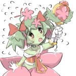  1girl arm_up bare_shoulders blush bow collarbone flower flying_sweatdrops gloves green_hair green_skin hair_bow hair_flower hair_ornament holding holding_wand magical_girl open_mouth original pink_flower plant_girl red_bow red_eyes simple_background solo twintails u-non_(annon&#039;an) wand white_background white_gloves 