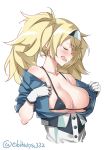  1girl blonde_hair blue_shirt blush breasts buttons cleavage closed_eyes collarbone collared_shirt commentary_request ebifurya gambier_bay_(kantai_collection) gloves hair_between_eyes hairband highres kantai_collection large_breasts multicolored multicolored_clothes multicolored_gloves open_clothes open_mouth shirt short_sleeves tearing_up twintails 