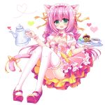  1girl :d animal_ears bangs blush bow breasts cat_ears cleavage commentary_request cup dress eyebrows_visible_through_hair food full_body green_eyes hair_between_eyes hair_bow hair_ribbon hands_up heart holding holding_tray long_hair macaron maid mary_janes medium_breasts open_mouth original pink_bow pink_dress pink_hair puffy_short_sleeves puffy_sleeves red_bow red_footwear ribbon saucer shikito shoes short_sleeves simple_background sitting smile solo tea teacup teapot thigh-highs tray very_long_hair white_background white_legwear wrist_cuffs yellow_ribbon 