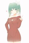  1girl breasts cleavage cleavage_cutout collarbone cowboy_shot dress eyebrows_visible_through_hair flower giryu green_eyes green_hair hair_between_eyes hair_flower hair_ornament hand_on_hip hatsune_miku heart index_finger_raised long_hair looking_at_viewer medium_breasts red_sweater ribbed_sweater simple_background solo standing sweater sweater_dress transparent twintails vocaloid white_background white_flower 