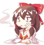  1girl arm_rest bags_under_eyes bangs blank_stare bow brown_eyes chin_rest cigarette closed_mouth commentary detached_sleeves dress eyebrows_visible_through_hair frilled_hair_tubes hair_between_eyes hair_bow hair_tubes hakurei_reimu hand_on_own_face hand_rest long_hair low_twintails neckerchief red_bow red_dress red_hair_tubes ribbon-trimmed_sleeves ribbon_trim siam_(meow13) simple_background sketch_mouth smoke smoking solo thick_eyebrows touhou twintails upper_body white_background white_collar white_sleeves wide_sleeves yellow_neckwear 