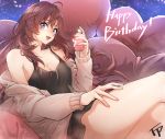  1girl ahoge bangs black_camisole blue_eyes blush bottle breasts brown_hair brown_sweater cardigan cleavage eyebrows_visible_through_hair fpanda happy_birthday heart heart_pillow highres ichinose_shiki idolmaster idolmaster_cinderella_girls long_hair looking_at_viewer medium_breasts off_shoulder open_cardigan open_clothes open_mouth perfume_bottle pillow signature sitting smile solo sparkle sweater thighs wavy_hair 