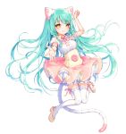  1girl animal_ears aqua_hair blue_hair braid commission dress frilled_dress frills full_body green_hair hair_ornament hairclip jumping long_hair looking_at_viewer original robot robot_ears robot_joints runastark tail thigh-highs yellow_eyes 