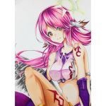  1girl angel_wings breasts commentary_request crop_top feathered_wings gloves halo highres jibril_(no_game_no_life) large_breasts long_hair low_wings magic_circle marker_(medium) midriff navel no_game_no_life pink_hair shinki_(user_srrn2727) sideboob solo tattoo traditional_media wing_ears wings yellow_eyes 