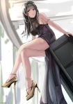  1girl bare_shoulders black_dress black_hair chyt dress dsr-50_(girls_frontline) girls_frontline highres legs long_hair looking_at_viewer parted_lips red_eyes short_dress sleeveless sleeveless_dress solo yellow_footwear 