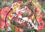  1girl alternate_costume arms_up bangs bare_arms bare_legs bare_shoulders barefoot birdcage blonde_hair cage commentary_request crop_top crystal eyebrows_visible_through_hair eyes_visible_through_hair fang flandre_scarlet flower full_body hair_between_eyes hat hat_ribbon long_hair looking_at_viewer midriff mob_cap mosho navel open_mouth red_eyes red_flower red_rose ribbon rose side_ponytail skirt skirt_set smile solo stomach toes touhou wings wrist_cuffs 
