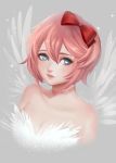  1girl angel_wings artist_name bare_shoulders blue_eyes bow commentary doki_doki_literature_club english_commentary grey_background gumae hair_between_eyes hair_bow highres looking_at_viewer panties pink_hair red_bow sayori_(doki_doki_literature_club) short_hair simple_background smile solo sparkle underwear wings 