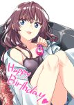  1girl :3 ahoge bangs black_camisole blue_eyes blue_shorts blush bottle breasts brown_hair collarbone couch eyebrows_visible_through_hair happy_birthday highres ichinose_shiki idolmaster idolmaster_cinderella_girls knees_up labcoat long_hair looking_at_viewer medium_breasts perfume_bottle pillow rusk_(canvas4ban) shorts simple_background sitting smile solo thighs tongue tongue_out wavy_hair white_background 