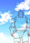  1boy alphonse_elric apron armor clenched_hands clouds cloudy_sky day flamel_symbol floating full_armor fullmetal_alchemist helmet highres looking_at_viewer male_focus monochrome outdoors sky standing x-ray 
