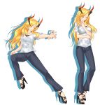  1girl anunnaki blonde_hair closed_eyes contemporary contrapposto denim full_body graphite_(medium) greek_mythology high_heels highres horns jeans long_hair mechanical_pencil original pants pencil pose red_eyes shirt standing t-shirt tachi-e traditional_media white_background 