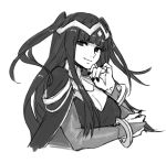  1girl bangle bodystocking bodysuit bracelet bridal_gauntlets cape circlet fire_emblem fire_emblem:_kakusei fire_emblem_heroes jewelry kamu_(kamuuei) long_hair monochrome simple_background skin_tight smile solo tharja tiara two_side_up white_background 