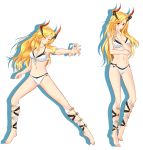  1girl anunnaki barefoot blonde_hair bracelet closed_eyes contrapposto full_body graphite_(medium) greek_mythology highres horns jewelry long_hair looking_at_viewer mechanical_pencil navel original pencil pose red_eyes ribbon smile standing swimsuit tachi-e traditional_media white_background 
