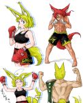  &gt;_@ 1girl 2boys abs animal_ears bandage bare_arms bare_shoulders barefoot black_shorts blonde_hair blue_eyes boxing_gloves dizzy_(feeling) doitsuken fang flexing fox_ears fox_tail from_behind green_shorts highres midriff mouth_hold multiple_boys multiple_views muscle navel one_eye_closed original outstretched_arms paw_print pose red_shorts redhead shirtless short_hair shorts sports_bra standing star sweat tail tail_wagging white_background yellow_eyes zoom_layer 