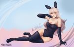  1girl animal_ears artist_name bare_shoulders breasts cleavage deviantart_username elbow_gloves female_my_unit_(fire_emblem_if) fire_emblem fire_emblem_if gloves hand_to_own_mouth leotard long_hair mary_borde my_unit_(fire_emblem_if) rabbit_ears red_eyes silver_hair smile solo thigh-highs 