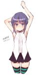  1girl arms_up bangs bare_arms bare_shoulders black_skirt cowboy_shot cropped_legs dated eyebrows_visible_through_hair maze_(gochama_ze_gohan) original pleated_skirt purple_hair shirt sidelocks signature simple_background sketch skirt sleeveless sleeveless_shirt solo striped striped_legwear thigh-highs violet_eyes white_background white_shirt 