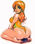  1girl absurdres ass brown_hair earrings flower_earrings from_behind highres huge_ass jewelry long_hair looking_back super_mario_bros. one-piece_swimsuit princess_daisy robert_porter simple_background sitting solo swimsuit wariza white_background 
