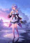  1girl bangs bare_legs bare_shoulders barefoot beach blue_eyes blue_hair blue_sky blunt_bangs breasts cleavage clouds cloudy_sky commentary_request detached_sleeves frilled_sleeves frills hair_ornament hair_over_one_eye hair_ribbon hand_on_own_chest holding holding_shoes maid maid_headdress mandrill ocean outdoors palm_tree pink_ribbon re:zero_kara_hajimeru_isekai_seikatsu rem_(re:zero) ribbon ribbon-trimmed_clothes ribbon_trim sand shoes shoes_removed short_hair signature sky solo standing sun sunlight sunset tree underbust water x_hair_ornament 