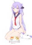  1girl ahoge azur_lane bangs bare_arms bare_legs bare_shoulders black_ribbon blue_sailor_collar breasts closed_mouth collarbone commentary_request eyebrows_visible_through_hair groin hair_bun hair_ribbon highres kugua_mianju one-piece_swimsuit one_side_up purple_hair red_neckwear ribbon sailor_collar side_bun sidelocks sitting small_breasts solo stuffed_animal stuffed_pegasus stuffed_toy stuffed_unicorn swimsuit translation_request unicorn_(azur_lane) violet_eyes wariza wet wet_clothes white_swimsuit 