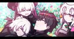  1boy 3girls :d ^_^ bangs beret black_bow black_capelet black_cloak black_gloves black_hair black_hat black_jacket bow braid bush capelet closed_eyes closed_mouth day elbow_gloves eyebrows_visible_through_hair facial_scar fate/extra fate/grand_order fate_(series) flower flower_wreath fujimaru_ritsuka_(male) fur-trimmed_capelet fur_trim gloves green_bow green_ribbon hair_between_eyes hair_bow hand_on_another&#039;s_head hat head_wreath headpiece jack_the_ripper_(fate/apocrypha) jacket jeanne_d&#039;arc_(fate)_(all) jeanne_d&#039;arc_alter_santa_lily long_hair looking_at_another multiple_girls nursery_rhyme_(fate/extra) open_mouth orange_eyes orange_flower outdoors petals pink_flower ribbon scar scar_on_cheek short_hair silver_hair smile striped striped_bow striped_ribbon wada_kazu white_capelet white_flower 