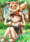  1girl backpack bag baseball_cap blush_stickers brown_eyes brown_hair commentary eevee female_protagonist_(pokemon_lgpe) flower full_body gen_1_pokemon grass hat head_wreath heart one_eye_closed open_mouth pokemon pokemon_(creature) pokemon_(game) pokemon_lgpe rinco shoes short_sleeves shorts sitting smile tail tree 