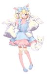  1girl angel_wings bangs bell blonde_hair blue_eyes bow cat commission cutesu_(cutesuu) double_bun dress eyepatch frilled_dress frills full_body long_sleeves maid original runastark wings 