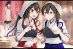  3girls :d akagi_(kantai_collection) black_hair black_hakama blue_hakama brown_eyes brown_hair food fruit hair_between_eyes hakama highres holding holding_food houshou_(kantai_collection) japanese_clothes kaga_(kantai_collection) kantai_collection kappougi long_hair multiple_girls muneate open_mouth pantyhose red_hakama rice short_hair side_ponytail smile tasuki umeboshi white_legwear yunamaro 