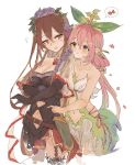  2girls bare_shoulders black_gloves blush bow breasts brown_hair cleavage collarbone commentary_request eighth_note elbow_gloves flower gloves granblue_fantasy hair_between_eyes hair_bow hair_ornament leaf_hair_ornament long_hair midriff multiple_girls musical_note open_mouth petals pink_flower pink_hair purple_flower purple_rose rose rosetta_(granblue_fantasy) spoken_musical_note thigh-highs wataichi_meko white_background yggdrasil_(granblue_fantasy) 