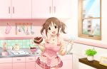  1girl :d apron bow breasts brown_eyes brown_hair cutting_board food food_on_face frilled_apron frills highres icing idolmaster idolmaster_cinderella_girls idolmaster_cinderella_girls_starlight_stage kitchen ladle large_breasts looking_at_viewer measuring_cup mixing_bowl official_art open_mouth oven_mitts pastry_bag plant potted_plant red_bow red_skirt sink skirt smile solo spatula spoon sweet_valentine_(idolmaster) tongs totoki_airi window 