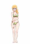  1girl absurdres bikini blonde_hair blue_eyes blush breasts cleavage emily_thomas glasses gluteal_fold harukana_receive highres medium_breasts navel o-ring_bottom official_art ponytail smile swimsuit watch watch white_background 