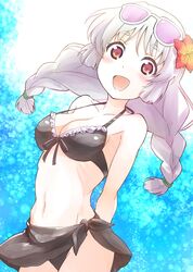  1girl :d bikini black_bikini black_sarong blush braid breasts brown_eyes cleavage commentary eyewear_on_head flower hair_flower hair_ornament hair_tie highres inou-battle_wa_nichijou-kei_no_naka_de kushikawa_hatoko long_hair navel nyama open_mouth pink-tinted_glasses sarong silver_hair smile solo sunglasses swimsuit thick_eyebrows twin_braids 