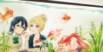  2girls alternate_hairstyle animal ayase_eli blonde_hair blue_eyes blue_hair bow bowtie collared_shirt commentary_request earrings fish fish_tank goldfish green_neckwear hair_between_eyes hair_bun hand_up highres jewelry long_hair love_live! love_live!_school_idol_project multiple_girls open_mouth otonokizaka_school_uniform parted_lips plant pointing round_teeth shirt signature sonoda_umi striped_neckwear suito sweater_vest teeth upper_body upper_teeth yellow_eyes 