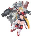  1girl ahoge aquila_girl bangs blonde_hair blue_eyes blush breasts cosmic_break fu_soulwave hair_ornament highres long_hair looking_at_viewer mecha medium_breasts midriff navel shorts solo thigh-highs 