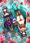  2girls antlers bikini black_hair breasts cape cleavage covered_navel dress dual_persona fake_antlers fire_emblem fire_emblem:_kakusei fire_emblem_heroes flower fur_trim looking_at_viewer multiple_girls navel nyanshua pantyhose partially_submerged petals purple_dress rose shawl spider_lily stomach swimsuit tharja thigh-highs water 