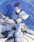  1boy armor arondight blue_cape cape fate/grand_order fate_(series) holding holding_sword holding_weapon knight lancelot_(fate/grand_order) looking_away male_focus purple_hair solo sword violet_eyes weapon white_armor yepnean 