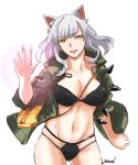  1girl absurdres animal_ears artist_request bag black_bra black_hanekawa black_panties bra breasts cat_ears cleavage commentary_request handbag hanekawa_tsubasa highres jacket large_breasts lingerie long_hair looking_at_viewer midriff monogatari_(series) navel open_clothes open_jacket open_mouth panties silver_hair slit_pupils solo stomach underwear yellow_eyes 