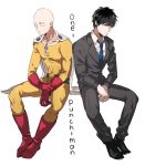  2boys bald black_hair blue_neckwear bodysuit boots business_suit cape commentary copyright_name dual_persona formal gloves kina58 long_sleeves multiple_boys necktie one-punch_man pants red_footwear red_gloves saitama_(one-punch_man) side-by-side sitting suit white_background white_cape yellow_bodysuit 