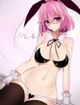  absurdres animal_ears artist_request black_legwear breasts commentary_request glasses highres large_breasts navel partial_commentary pink_eyes pink_hair rabbit_ears saigyouji_yuyuko short_hair sitting thigh-highs touhou wrist_cuffs 