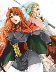  aiw aqua_eyes blonde_hair breasts cape circlet closed_mouth commentary_request dress gensou_suikoden gensou_suikoden_i gloves headband long_hair multiple_girls odessa_silverberg open_mouth red_cape serious sword weapon 