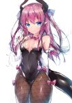  1girl bangs bare_shoulders black_leotard blue_eyes blush bow breasts brown_legwear closed_mouth commentary_request cowboy_shot curled_horns detached_sleeves dragon_girl dragon_horns dragon_tail elizabeth_bathory_(fate) elizabeth_bathory_(fate)_(all) eyebrows_visible_through_hair fate/extra fate/extra_ccc fate_(series) fishnet_pantyhose fishnets hair_between_eyes hand_up highres horns leotard long_hair long_sleeves looking_at_viewer pantyhose pink_bow pink_hair simple_background sketch small_breasts smile solo strapless strapless_leotard tail twiska_(doubitian) very_long_hair white_background 