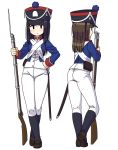  2girls antique_firearm bayonet black_eyes black_hair blue_jacket brown_hair contrapposto crossed_ankles crossed_belts epaulettes firearm firelock flintlock gun hand_on_hip hat holding holding_gun holding_weapon jacket leaning_on_object long_hair maruput military military_uniform multiple_girls musket original pants red_collar shako_cap sheath sheathed shoes shoulder_belt socks standing standing_on_one_leg sword uniform weapon white_background 