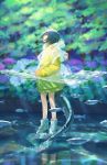  1girl blue_hair fish hiko_(scape) looking_up mutant original plant raincoat river shoes sneakers stone tail 