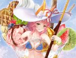  1girl :q animal_ears bikini bird blue_bikini breast_press breasts cleavage ears_through_headwear fate/extra fate/grand_order fate_(series) food fox_ears fox_tail fruit hat ice ice_cream kiwi long_hair looking_at_viewer medium_breasts navel parfait pink_hair pocky solo strawberry sun_hat sundae swimsuit tail tamamo_(fate)_(all) tamamo_no_mae_(fate) tamamo_no_mae_(swimsuit_lancer)_(fate) tongue tongue_out upper_body white_hat yellow_eyes youqiniang 