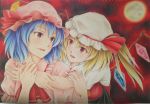  2girls arm_holding bangs bat_wings blonde_hair blue_hair clouds colored_pencil_(medium) cravat eyebrows_visible_through_hair fang fingernails flandre_scarlet full_moon hair_between_eyes hat hat_ribbon hug hug_from_behind looking_at_another looking_back mob_cap moon multiple_girls nail_polish night open_mouth outdoors pink_shirt puffy_short_sleeves puffy_sleeves red_eyes red_nails red_neckwear red_sky red_vest remilia_scarlet ribbon sharp_fingernails shirt short_hair short_sleeves siblings side_ponytail sisters sky touhou traditional_media tsurupon_(turuponzu) upper_body upper_teeth vest white_shirt wings wrist_grab 