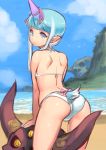  1girl ass bangs bare_arms bare_shoulders beach bikini blue_hair bow commentary_request copyright_request eyebrows_visible_through_hair glowing glowing_eyes gradient_hair highres horizon horn horn_ribbon horns long_hair multicolored_hair ninnin_(shishitou) ocean pink_bow pink_ribbon ribbon sand shoulder_blades skull solo swimsuit tail violet_eyes water white_bikini white_hair 