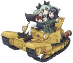  3girls amaretto_(girls_und_panzer) anchovy anzio_(emblem) anzio_military_uniform anzio_school_uniform asymmetrical_bangs bangs belt black_belt black_cape black_footwear black_hair black_hat black_neckwear black_ribbon black_skirt braid brown_hair cape carro_veloce_cv-33 closed_eyes commentary double_v dress_shirt drill_hair emblem girls_und_panzer goggles goggles_on_headwear green_hair grey_jacket grey_skirt grin ground_vehicle hair_ribbon half_updo hat helmet holding jacket knife loafers long_hair long_sleeves looking_at_viewer military military_uniform military_vehicle miniskirt monolith_(suibou_souko) motor_vehicle multiple_girls necktie open_mouth pantyhose pencil_skirt pepperoni_(girls_und_panzer) pleated_skirt red_eyes ribbon riding riding_crop school_uniform shirt shoes short_hair side_braid simple_background sitting skirt smile tank twin_drills twintails uniform v w white_background white_legwear white_shirt 