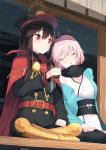  2girls aiguillette black_hair black_scarf boots cape closed_eyes cup fate/grand_order fate_(series) hat highres holding holding_cup indian_style knee_boots long_hair looking_away multiple_girls oda_nobunaga_(fate) okita_souji_(fate) pink_hair pixiv_fate/grand_order_contest_2 red_cape red_eyes scarf short_hair sitting smile uniform yukarite 