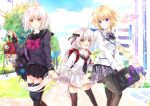  3girls :d ahoge backpack bag bag_charm bangs black_legwear black_neckwear black_sailor_collar black_serafuku black_shirt black_skirt blazer blonde_hair blue_bow blue_eyes blue_sky blurry blurry_background blush bow bowtie braid breasts charm_(object) clouds commentary_request contemporary day depth_of_field eyebrows_visible_through_hair fate/apocrypha fate/grand_order fate_(series) fingernails gilles_de_rais green_bow green_ribbon grey_skirt hair_between_eyes hair_bow holding holding_weapon iroha_(shiki) jacket jeanne_d&#039;arc_(alter)_(fate) jeanne_d&#039;arc_(fate) jeanne_d&#039;arc_(fate)_(all) jeanne_d&#039;arc_alter_santa_lily long_hair long_sleeves low_ponytail medium_breasts multiple_girls nail_polish neckerchief open_mouth outdoors pantyhose pink_neckwear plaid plaid_neckwear plaid_skirt pleated_skirt ponytail randoseru revision ribbon sailor_collar school_bag school_briefcase school_uniform serafuku shirt short_hair silver_hair skirt sky smile striped striped_bow striped_ribbon thigh-highs tree very_long_hair weapon white_blazer white_nails white_sailor_collar white_serafuku white_shirt white_skirt yellow_eyes 