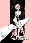  1girl ayanami_rei bandage bandaged_head bodysuit character_name closed_mouth commentary crack eva_00 facing_viewer hands_on_lap monochrome neon_genesis_evangelion rock short_hair sitting sketch tonebird 