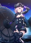  1girl arm_up bangs black_armor black_gloves black_legwear black_leotard black_sky blue_sky breasts breasts_apart commentary_request eyebrows_visible_through_hair eyes_visible_through_hair fate/grand_order fate_(series) gloves gorget gradient_sky hair_over_one_eye head_tilt highres holding_shield large_breasts leotard looking_at_viewer mash_kyrielight motion_blur mountain night night_sky ortenaus outdoors parted_lips pink_hair ririko_(zhuoyandesailaer) shield short_hair sky smile snowing solo standing thigh-highs violet_eyes vr_visor water 